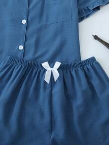 [Dreamery]1pc Women Solid Color Bubble Ruffle V-Neck Short Sleeve Shorts Pajama Set - Blue - View 5