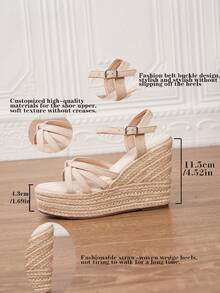女士简约踝带帆布鞋，度假米色编织绒面革绳底厚底坡跟凉鞋，波西米亚风布扣沙滩婚礼户外休闲编织鞋，四季皆宜