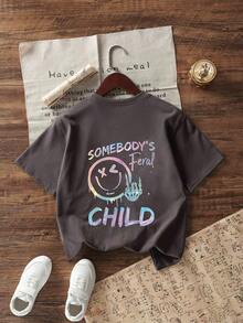 Tween Girls' Casual Graphic Print Round Neck Short Sleeve T-Shirt, Summer Top - Dark Grey - View 3