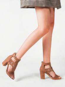 Fashion Women Toe PU Heeled Sandals Street Snap Cut Out Square Heel Zip Casual Sandals For Women Wide Width - 棕色 - 查看 10