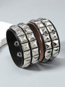 1 Peça Pulseira de Couro Estilo Punk Rock com Pirâmides Metálicas