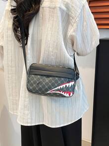 1 pezzo Borsa a tracolla casual da uomo con motivo geometrico stampato in PU nero liscio e zip, di design alla moda piccolo quadrato, borsa messenger con motivo a bocca di squalo aziendale