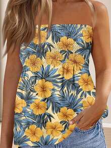 Women's Smocked Ruffle Tube Tops Floral Print Strapless Bandeau Tops Flowy Hem Shirts - Azul - Ver 4