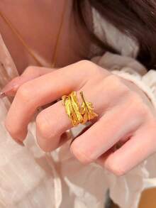 1 件法式奢华复古新中式羽毛包裹不对称个性化戒指，精致百搭，适合女性日常佩戴、节日、派对、女友礼物 - 金色 - 查看 4