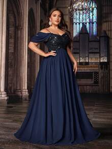 QOQ 大码女式藏蓝色正式礼服，优雅晚礼服，适合盛大晚宴、正式活动、生日派对，亮片无肩带雪纺长裙 - 藏蓝色 - 查看 3