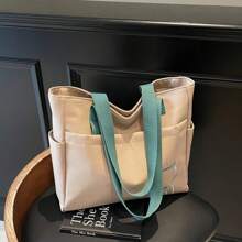 1pc,Simple Solid Color Canvas Tote Bag For Women, Large Capacity Crossbody Bag, Portable Travel Shoulder Bag, Casual Satchel Bag For Outdoor Travel Or Commuting Work, Vintage Multi-Pocket Handbag All-Match Square Bags For School, Large School Tote Bag, Multiple Compartments, Perfect For Beach, School, Work & Daily Use