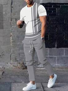 2pcs/Set Men's Sports Breathable & Comfortable Outfit, Premium Fabric Super Soft Gradient Casual Round Neck Short Sleeve Jogger Pants Set, Popular Set