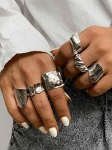 8pcs/6pcs/5pcs Simple Metal Chunky Jewelry Ring Set, Vintage Coin Style Rings For Women, Suitable For Beach, Dating, Daily Casual, Party Accessories