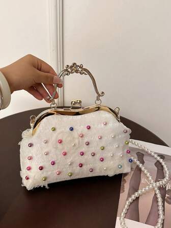 1 pièce Sac à main blanc floral 3D romantique élégant avec ornement de perles colorées, un design unique d'épaule/bandoulière pour la fête et l'usage quotidien, nouvelle arrivée 2025