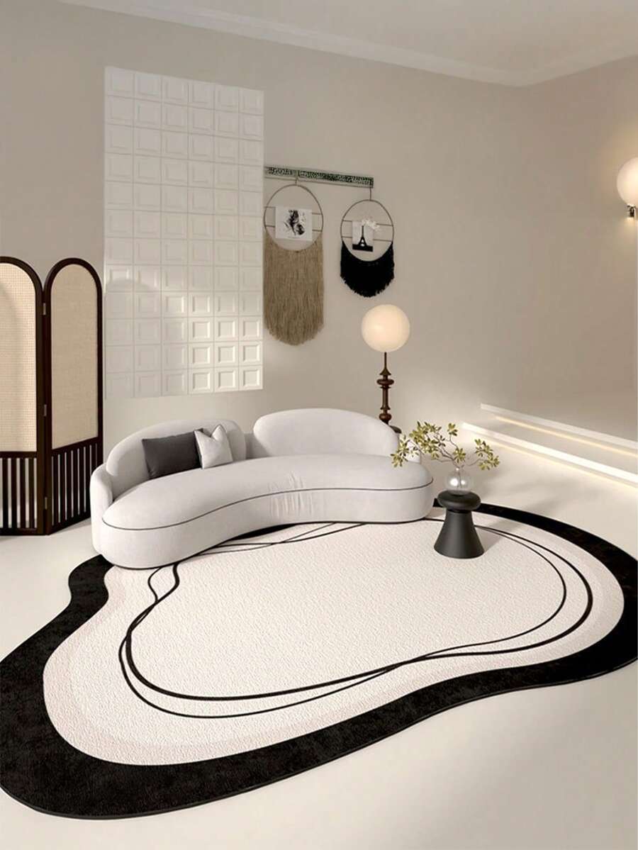 1pc Plush Fabric - Starry Sky Base Material - Plush Soft Luxurious French Retro Style Area Rug, Machine Washable, Black & White Abstract Design Plush, Asymmetrical Shape, Living Room Decor Abstract Pattern Rug Soft Texture Mat, Living Room Carpet - White - View 1