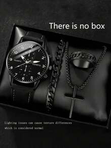 kuuioe 4pcs/Set Black Cross Chain Bracelet Ring Watch Jewelry Set For Men, Formal Business Luxury Gift