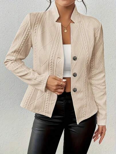 Women's Casual Stretch Polyester-Blend Single-Breasted Long Sleeve Jacket, Regular Fit Unlined Lightweight Knit For Spring & Fall, Solid Color Versatile Outerwear