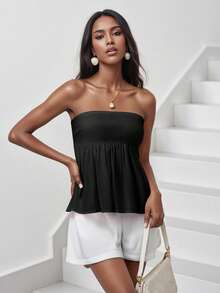 Women Cotton Strapless Bandeau Tube Top Ruffle Hem Off Shoulder Sleeveless Pleated Peplum Blouse Flowy Casual Going Out Tanks - màu đen - Xem 3