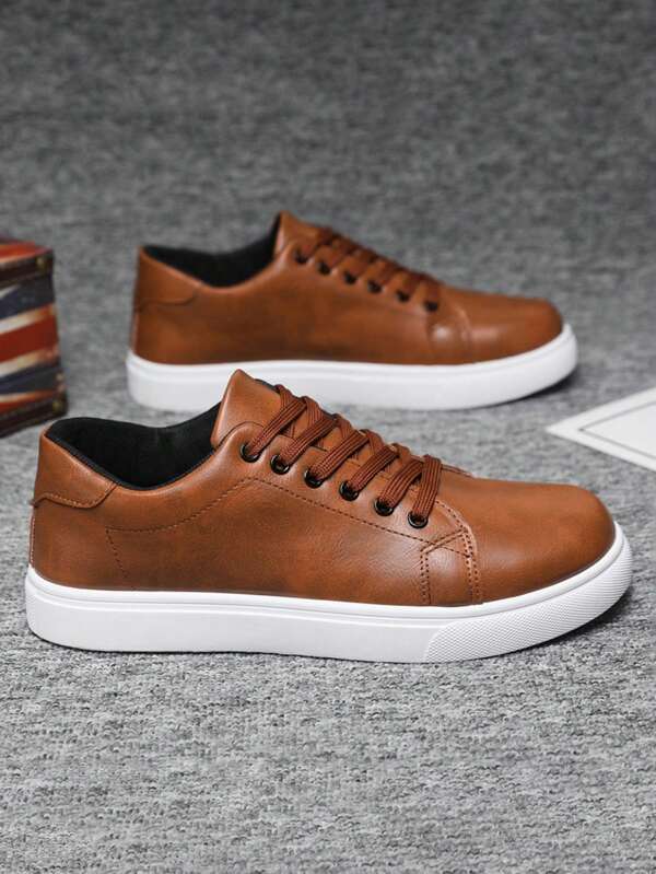 Men Casual Skate Sneakers Anti-Slip Student Back To School Shoes Board Shoes, Brown Color Versatile Style, Suitable For All Season
