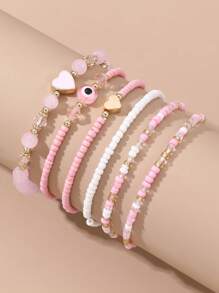 6pcs/Set Girls' Heart Shaped Bead Mixed Color Charm Bracelets