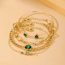 4 Stücke/Set Armband-Set mit Smaragd und quadratischen Strasssteinen in Schlangenkette, Damen Armband Set, für den täglichen Gebrauch geeignet
