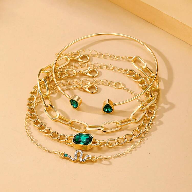4pcs/Set Emerald & Square Rhinestone Embedded Snake Chain Bracelet Set, Women Bracelet Set, Suitable For Daily Wear - Gold - View 2