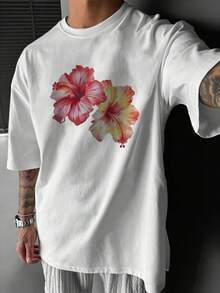 Men's Casual Floral Print TShirt With Vibrant Hibiscus Flower Design,Comfortable Cotton Blend Tee For Summer,Stylish Graphic Top For Everyday Wear Perfect Gift For Him,Unique Artistic Floral Tee For Men,Summer Holiday Essential TShirt. - 白色 - 查看 1