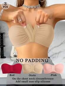 3 件套多色前扣文胸，无肩带无缝文胸，带钢圈和单层肩带，抹胸 - 彩色 - 查看 5