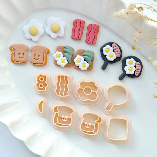 1pc/8pcs Cute Mini Realistic Food Shaped Bread, Ham, Egg Frying Pan Soft Clay Polymer Clay Sculpting Molds For Earrings