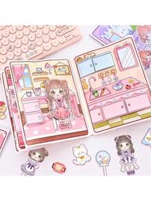 1本全尺寸卡通Mani Mani日常生活纸质安静书，粉色手工DIY安静书，附材料，无需裁剪，减压挤压剪贴簿。适合作为送给朋友、孩子、生日、派对、新年、圣诞节的贴心礼物。