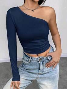 Women's Cropped Top T-Shirt Blouse With One-Shoulder Neckline Suplex Fabric Ideal For Going Out On Casual Romantic Elegant And Sophisticated Dates - 藏蓝色 - 查看 3