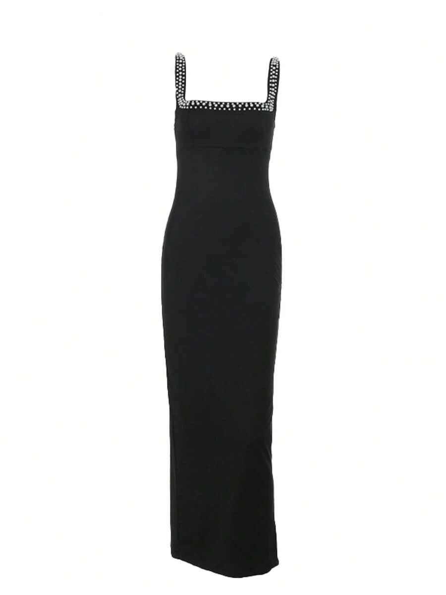 OhhNeed Women's Elegant Pearl Square Neck Sleeveless Dress, Black Spaghetti Strap Dress, Suitable For Wedding, Party, Business Formal, Graduation, Date, Holiday, New Year And Other Occasions