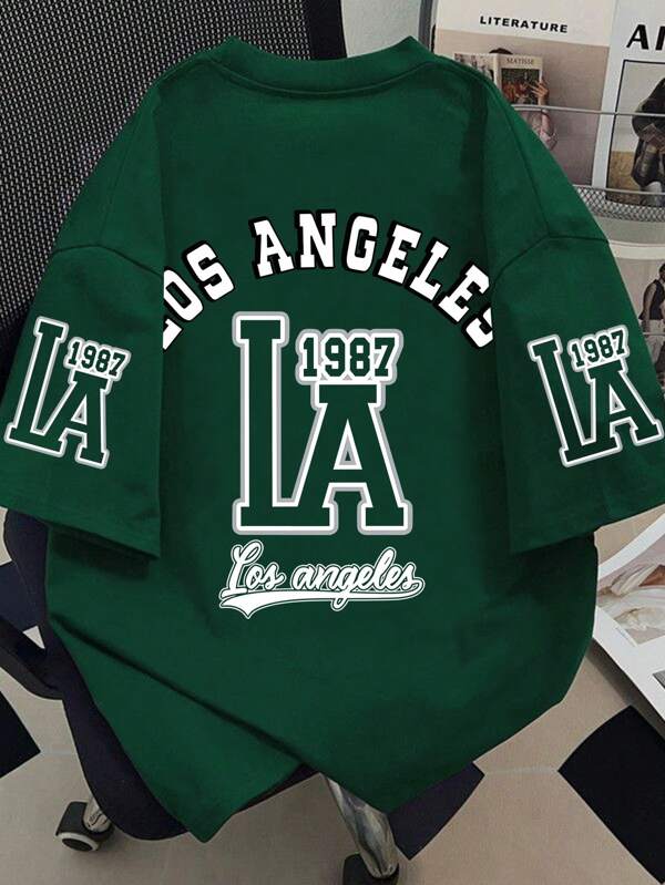 Teen Boys Vintage LA College Design, Short Sleeve Loose Soft Cool Tee, Casual School Wear Summer, Boys Tops