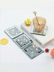 4pcs/Set Crystal Rhinestone Glass Coaster, Fashionable Noble Glass Mirror, Square Cup Mat For Tea Cup, Coffee Cup, Dining Table, Party Tabletop & Bar Decoration - Silver - View 3