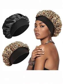 2 件宽边弹力睡帽，印花宽边睡帽，豹纹弹力圆帽，弹力圆帽女士护发帽，返校，旅行度假必需品，女士发饰 - 彩色 - 查看 10
