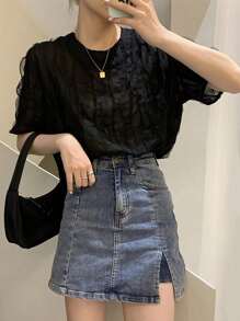 Women Casual Minimalist Textured Solid Color Short Sleeve Shirt