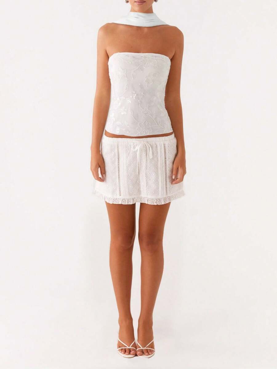 Women Crop Tube Tops And Scarf Summer Sequin Floral Embroidery Bandeau Backless Shirts For Streetwear - trắng - Xem 1