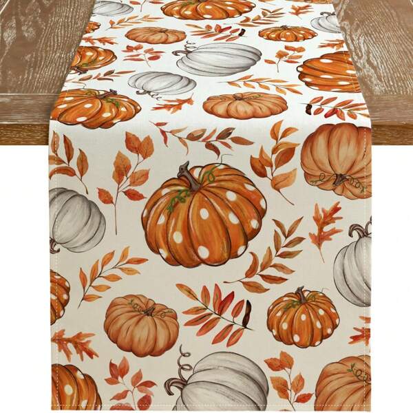 Autumn Orange Pumpkin Tablecloth, Maple Leaves Thanksgiving Holiday Indoor Outdoor Dining Table Decoration