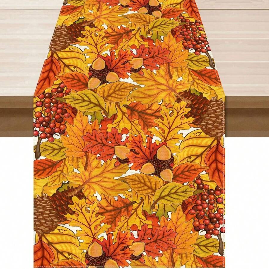 Maple Leaves And Pine Cone Table Runner, Suitable For Kitchen, Dining Room, Dinner, Autumn Home Decor