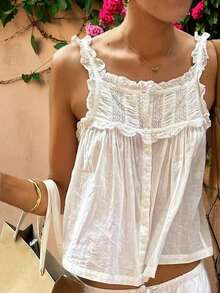 Women Summer Tank Tops Casual Lace Patchwork Buttons Sleeveless Shirt Basic Vest Aesthetic Clothes For Streetwear - White - View 6