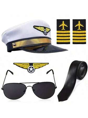 6pcs/Set Holiday Themed Flight Attendant Hat, Tie, Brooch, Epaulette, Glasses, Cabin Crew Costume Accessories, Pilot Outfit Cosplay For Halloween Party