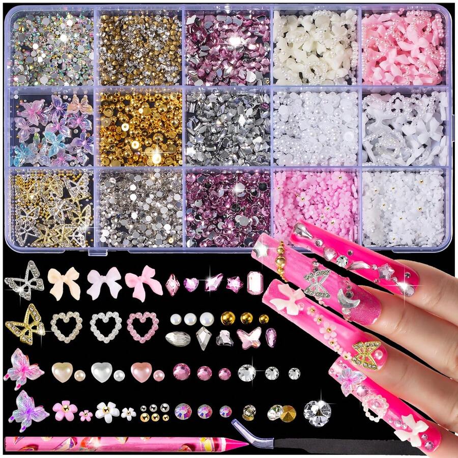 10000pcs Nail Charms And Gems: Pink Cute Bow Heart 3D Flower Charms For Junk Cases Kit; Gold Chunky Butterfly Charms For Nails Design, Small Diamond Rhinestones For Nails; Beads Pearls For Nails Art - 15 Grids-a - View 1