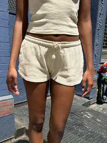 Women Drawstring Jogger Sweat Shorts Elastic Low Waist Athletic Running Shorts Comfy Lounge Shorts With Pockets - Màu be - Xem 1
