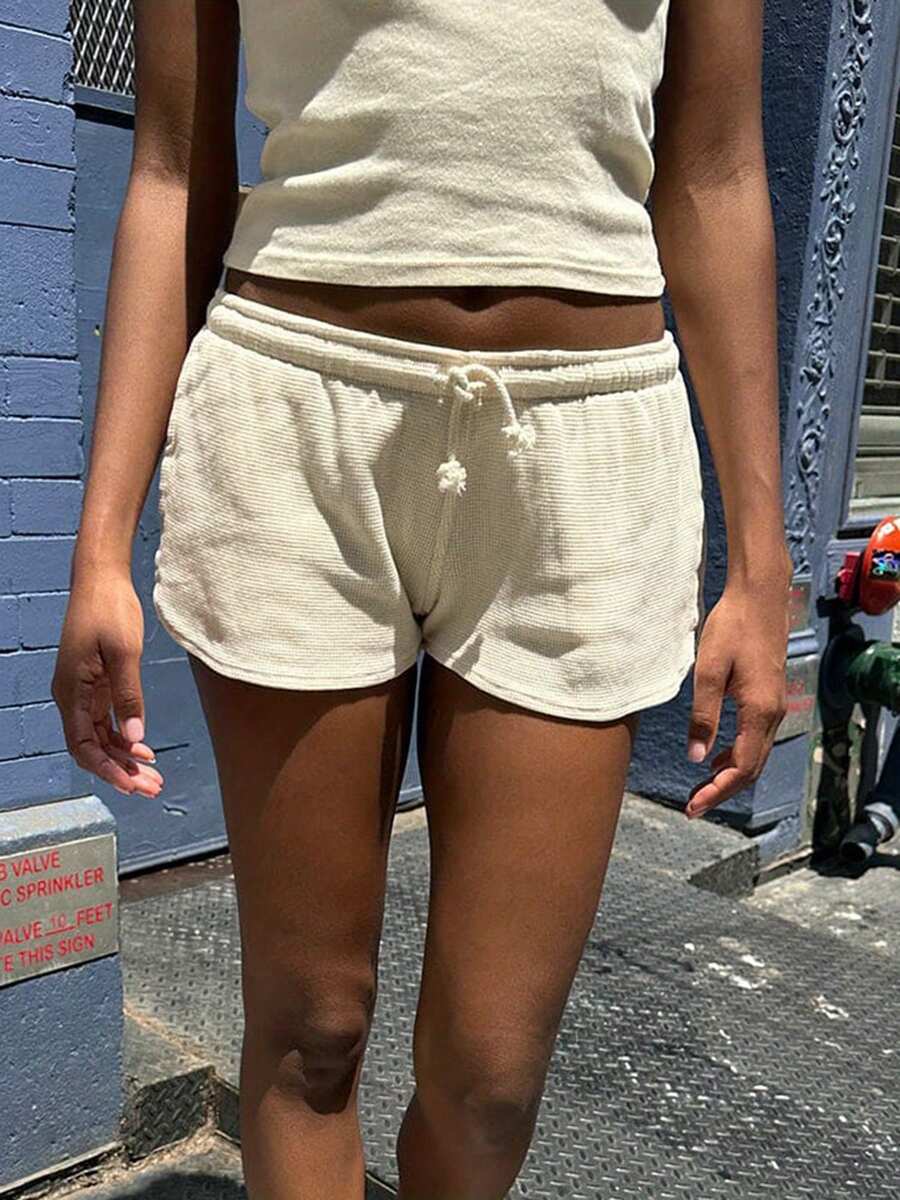 Women Drawstring Jogger Sweat Shorts Elastic Low Waist Athletic Running Shorts Comfy Lounge Shorts With Pockets - Màu be - Xem 1