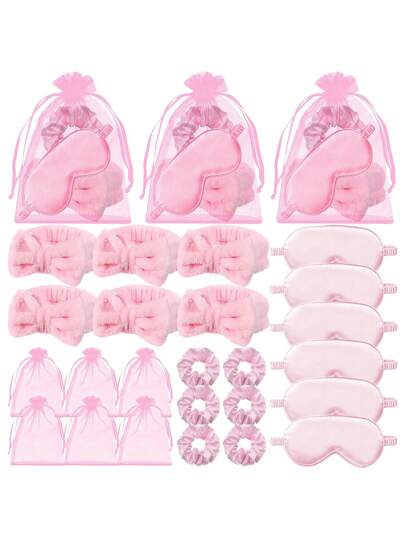 Set de 24 piezas/16 piezas de suministros para fiesta de spa para fiestas de pijamas con diademas rosas, antifaces, scrunchies y bolsas de organza como regalos para fiestas de cumpleaños con tema de spa, fiestas de pijamas de mujeres