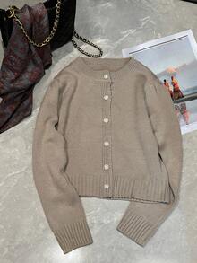 Women's Solid Color Crew Neck Long Sleeve Knit Cardigan - Khaki - View 3