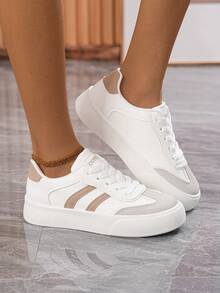 女士 2025 年春夏休闲运动鞋 - 轻质 PU 外层低帮鞋，透气面料衬里，柔软橡胶鞋底和条纹设计，适合学校、办公室、休闲装 - 卡其色 - 查看 7