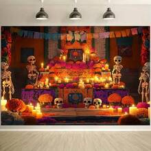 2D Banner - Skeleton, Candle, Marigold Flower, Paper Cut Pattern, Mexico Festival Altar Background, Suitable For Halloween Party Photography, Photo Booth Props, Birthday Party, Outdoor Celebrations, Ramadan, Halloween Party Decoration | Festival Altar Design | Polyester Background - Multicolor - View 2