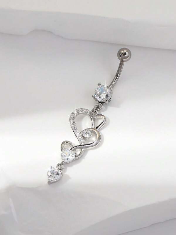 1pc Luxury Silver-Color Copper Material Rhinestone Heart Shape Navel Ring, Suitable For Women Birthday Party