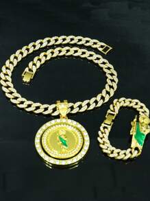 1pc Rotatable Jesus Pendant Necklace + 1pc Green Oil Drop Jesus Bracelet Set, Stylish Hip Hop Gift For Men, Suitable For Daily Wear