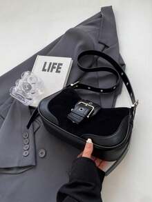 复古甜美酷辣妹机车腋下包小众质感新月包金属空气眼斜挎包手提包四季百搭通勤女包 - 黑色 - 查看 4