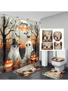 [Cadeau d'Halloween] 1 pièce/4 pièces Ensemble de décoration de rideau de douche d'Halloween | Beau cadeau moderne pour la maison avec 12 crochets de rideau de douche et 3 pièces de tapis de sol de toilette Rentrée des classes