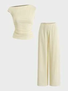 GAOVOT 女装两件套夏季Y2K性感优雅休闲奶油黄针织纹理露肩T恤上衣和宽松直筒阔腿裤套装