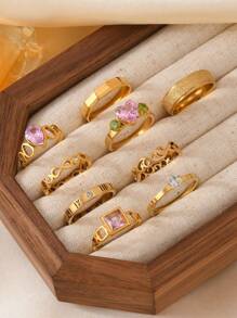 5/9pcs Fashionable & Elegant Stainless Steel Gold Rings Set, Includes Love Teardrop, Roman Numeral, Matte Diamond Elements, 18K Gold Plated, Suitable For Women's Daily Wear, Dates, Gifts, Weddings, Engagements