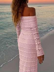 Off Shoulder Long Sleeve Bodycon Sexy Dress Pink Spring Elegant - Pink - View 4